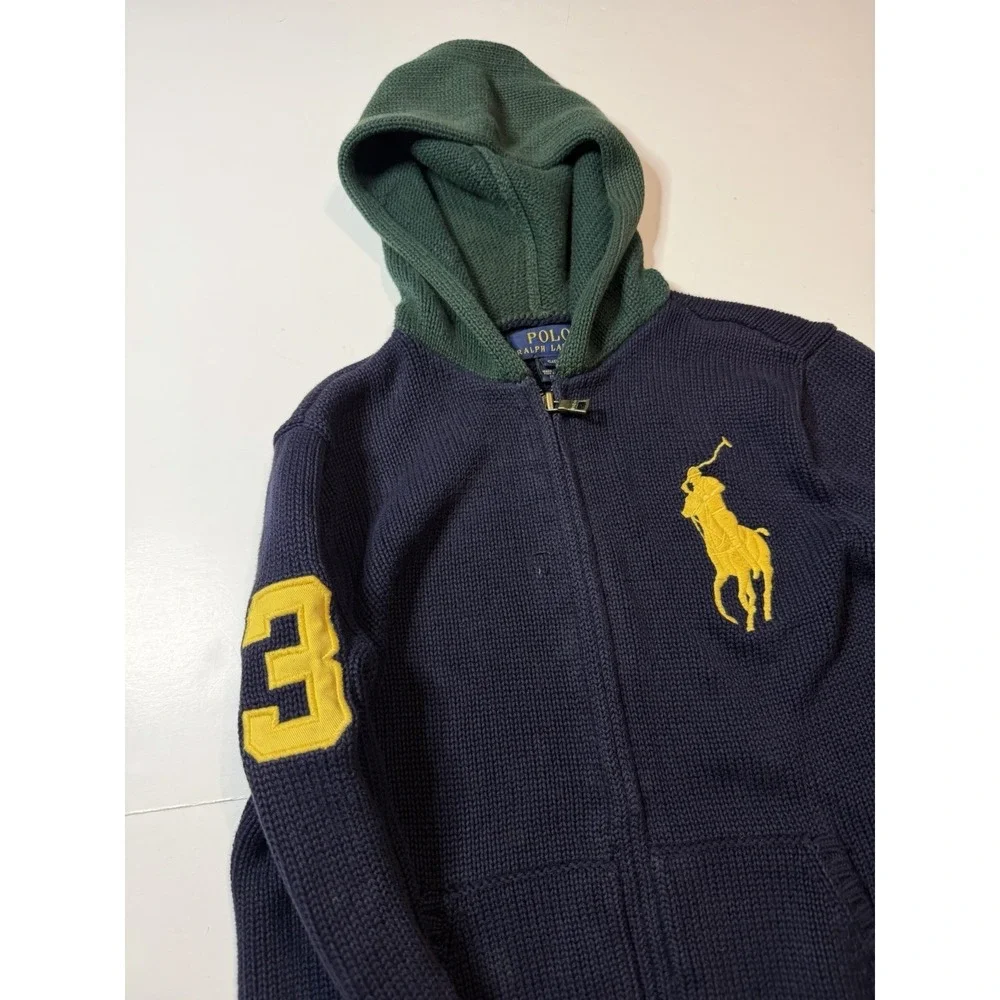 Polo Ralph Lauren Kids Big Pony Full Zip Knit Hoodie Navy Green Size Small 8